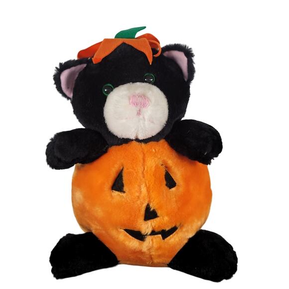 ACMI Black Cat Plush in Pumpkin Halloween Decoration 10" Stuffed Toy - Picture 1 of 11